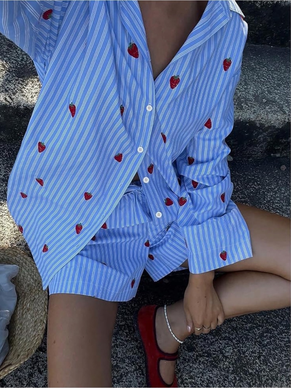 Blue Striped Strawberry Embroidered Button-Down Pajama Set